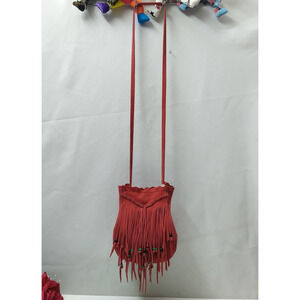 Lucky Brand Salmon Red Suede Fringe Beads Crossbody Bag